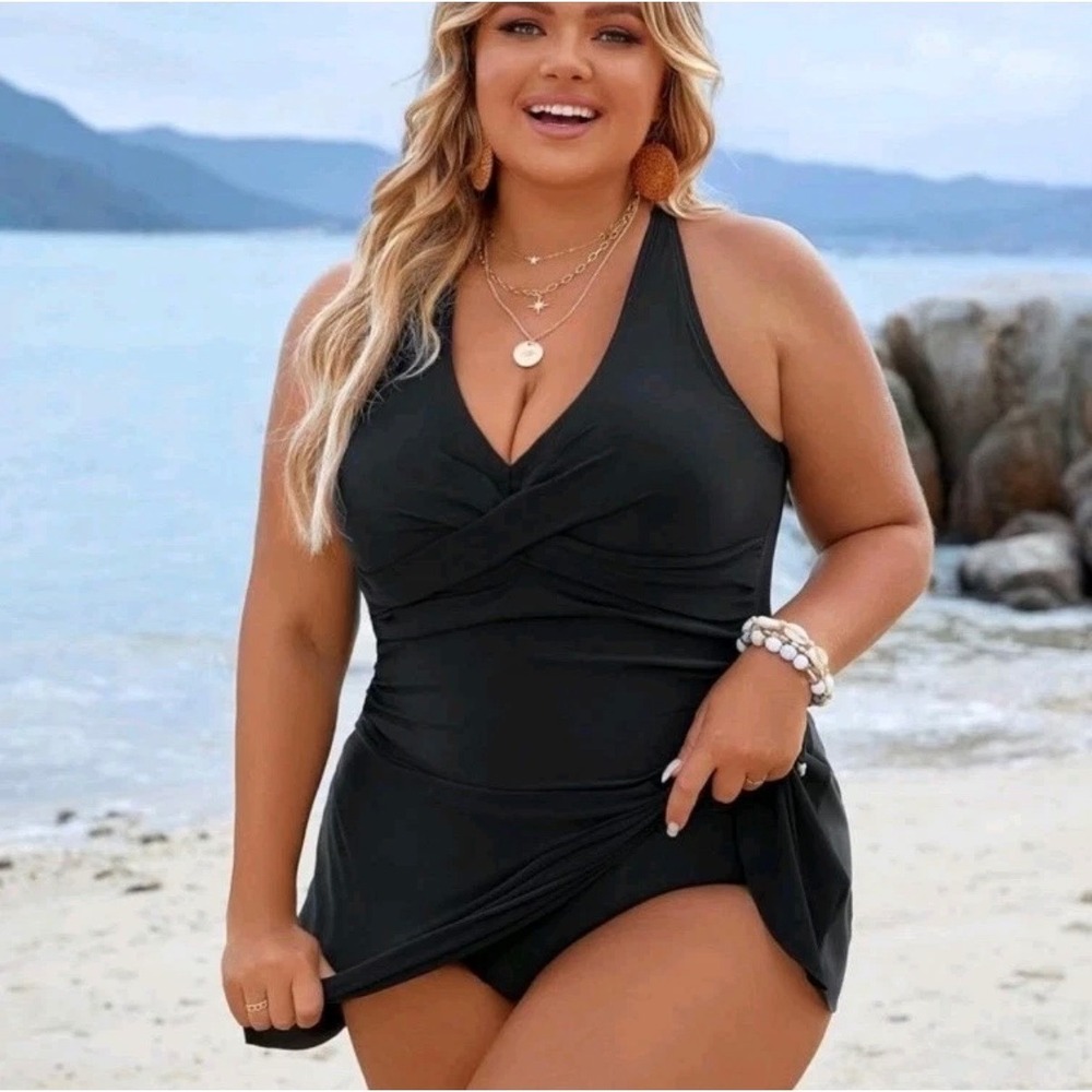 Blooming Jelly Twisted Front Ruched Swim Dress 4XL V-Neck One Piece Swimsuit